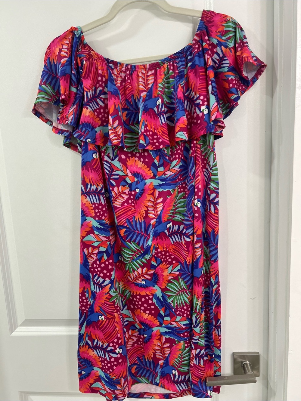 Off-Shoulder Tropical Print Women’s Dress in Fuchsia